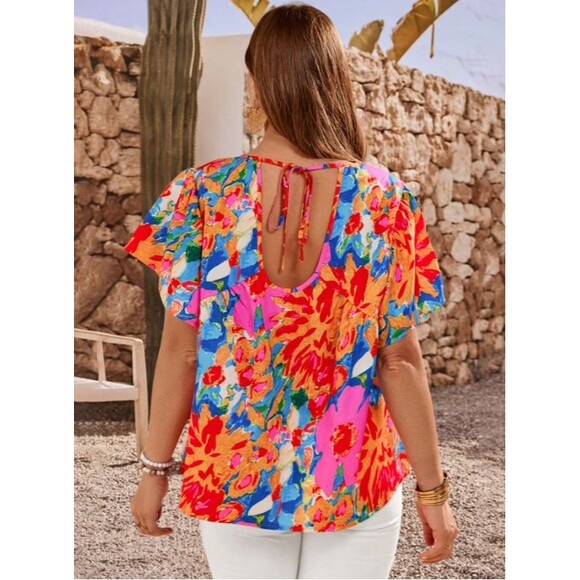 EMERY ROSE Plus Size Women Floral Print Tie Back Ruffle Short Sleeve Shirt, 0XL - Picture 3 of 9